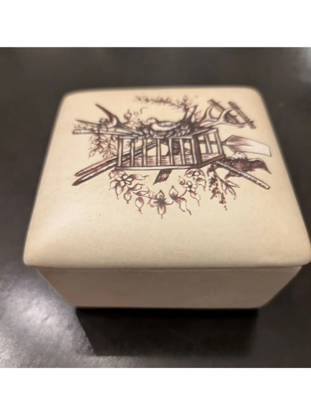 Vintage Mid Century Ceramic Trinket Box Cream Color with Brown Bird Motif